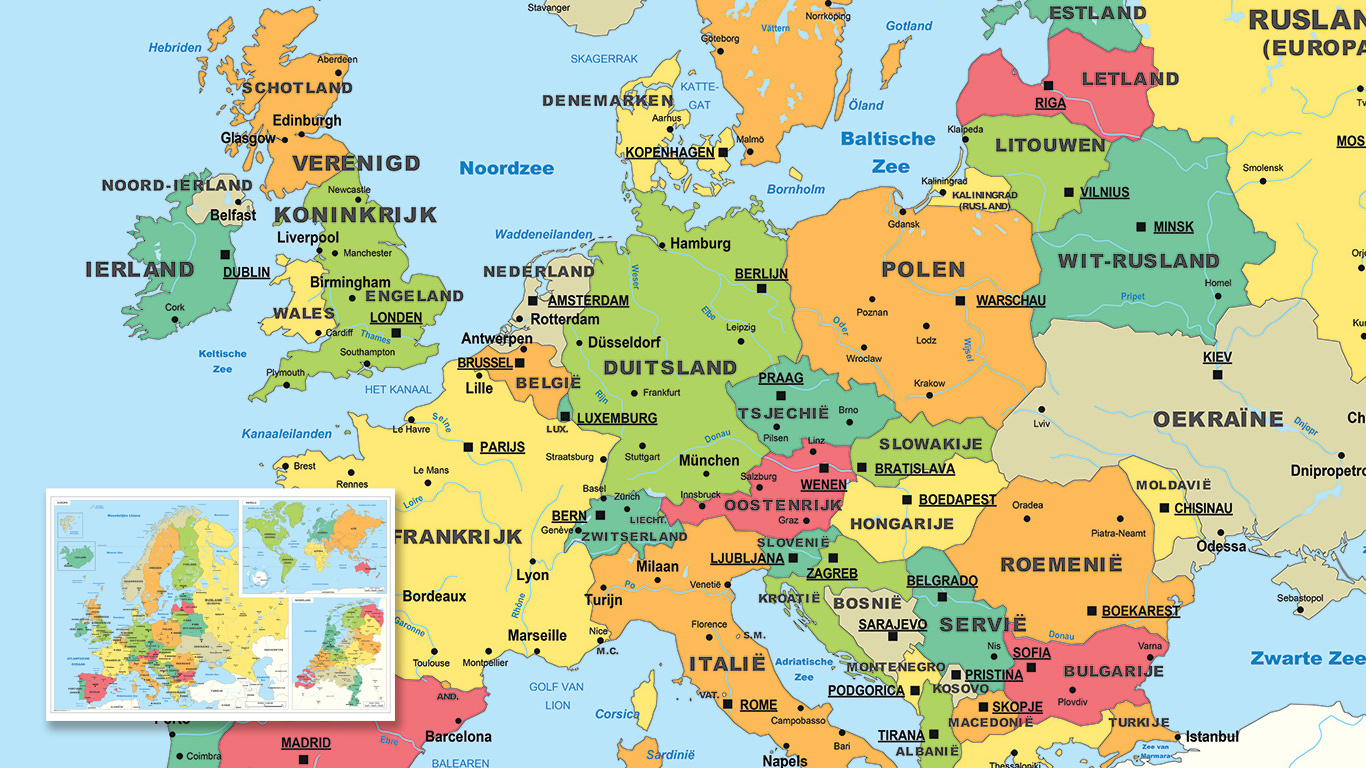 Combinatiekaart Europa, de Wereld en Nederland. 
