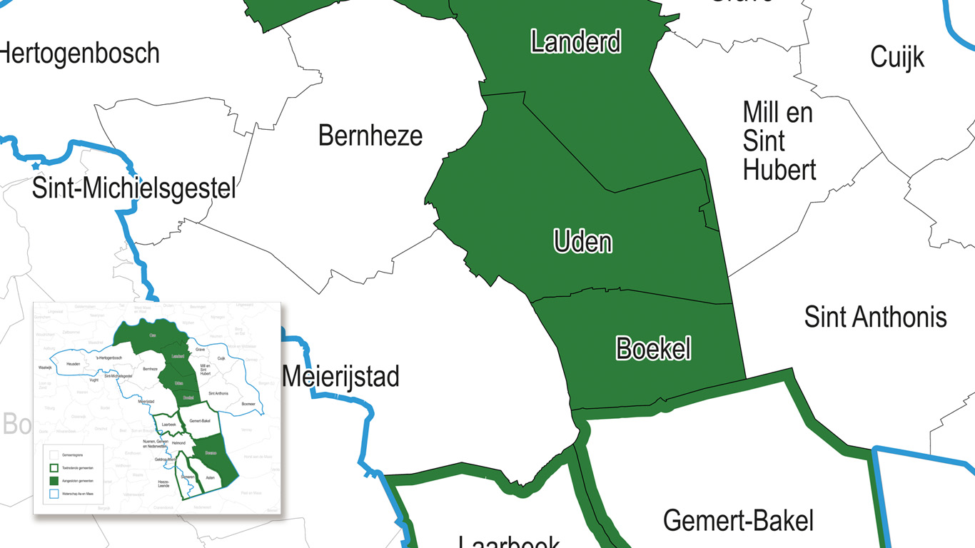 Administratieve kaart met kleurmarkeringen en grensaanduidingen. 