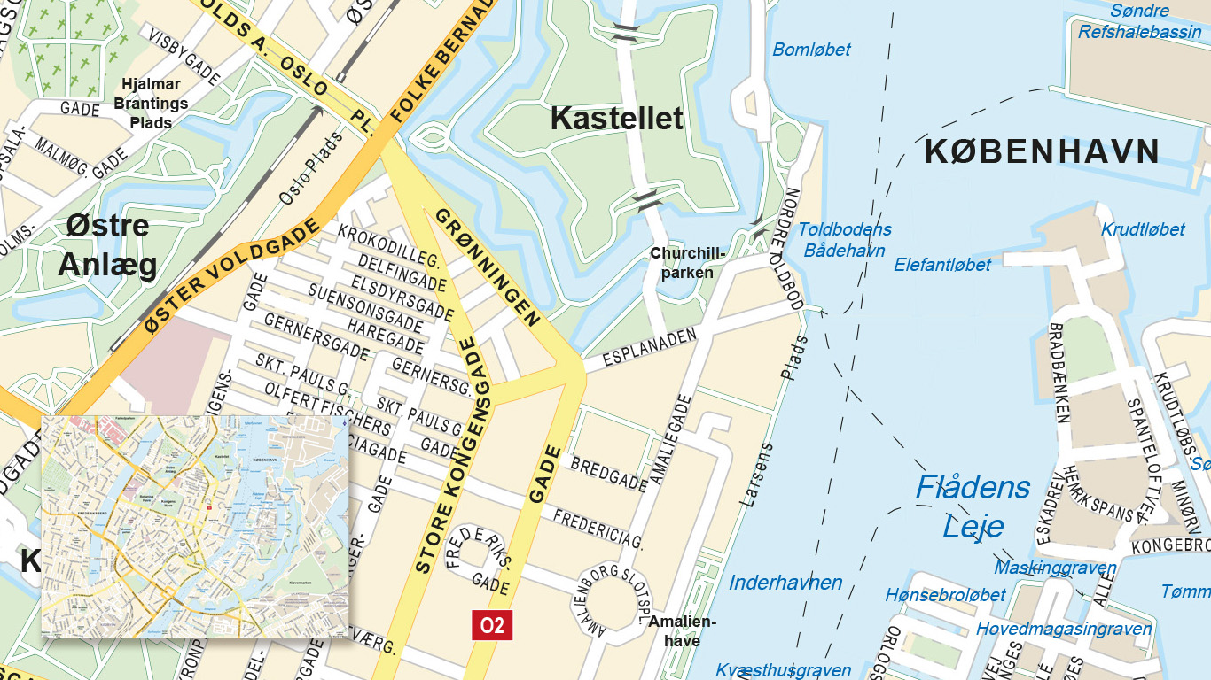 Stadsplattegrond Kopenhagen met alternatieve kleurenset. 