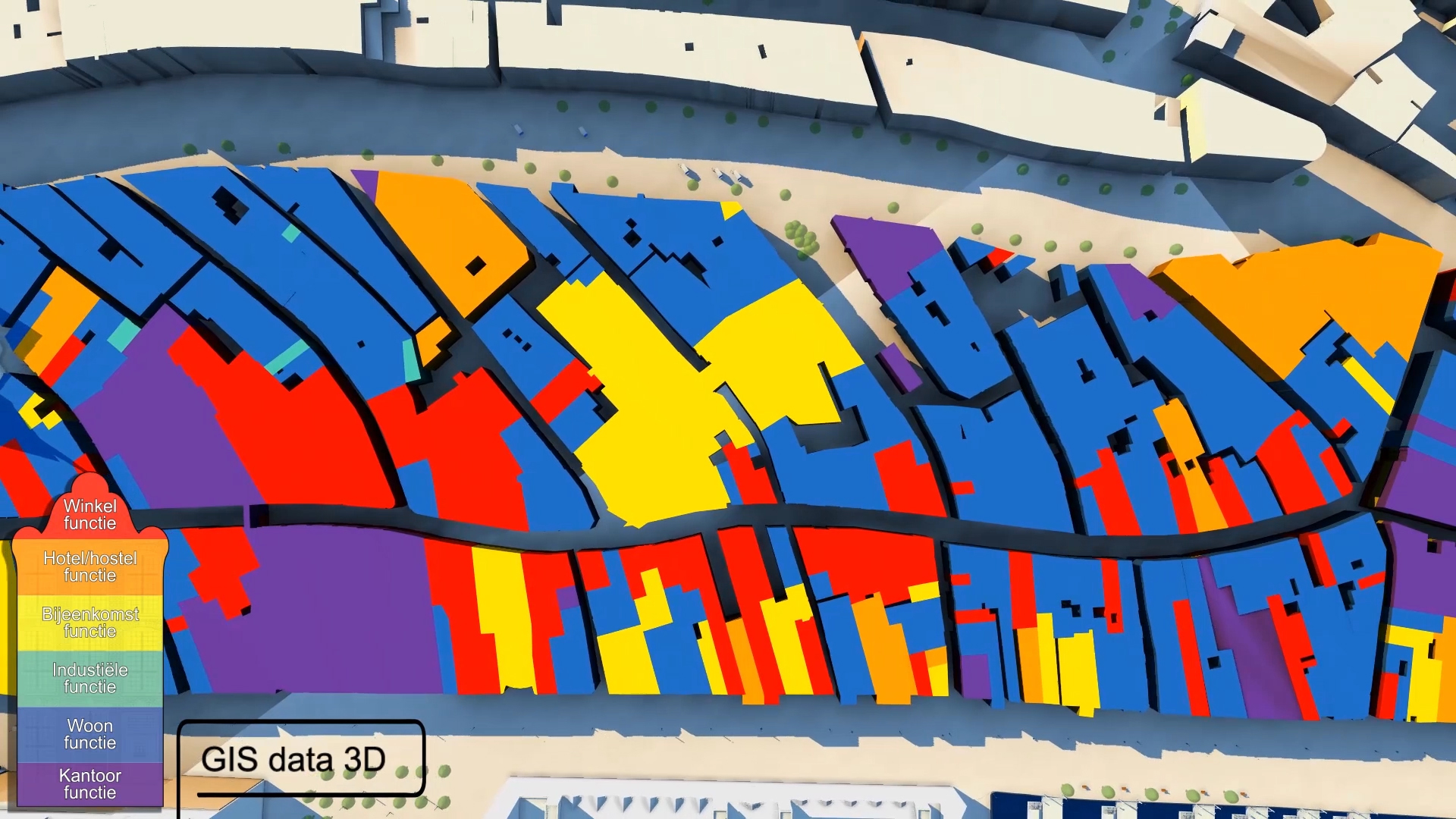 Bestemmingsplan gecategoriseerd op kleur, de Dam. 