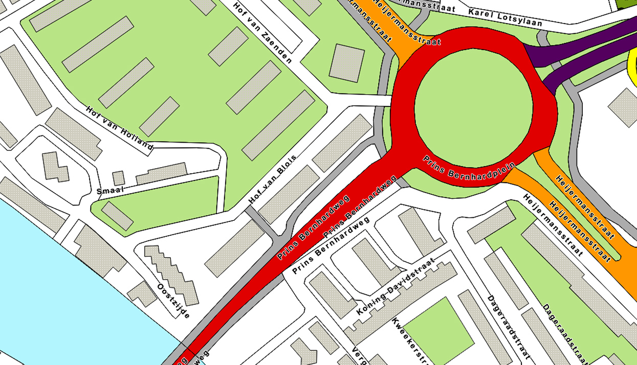 Verschillende wegtypen met stedelijke bebouwing, in categorieën geplaatst. 