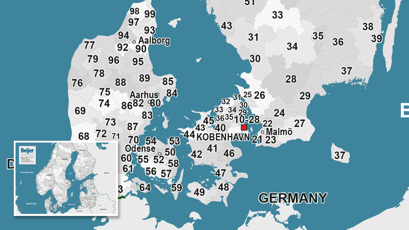 Postcodekaart Scandinavië voor het bedrijf Beijers 