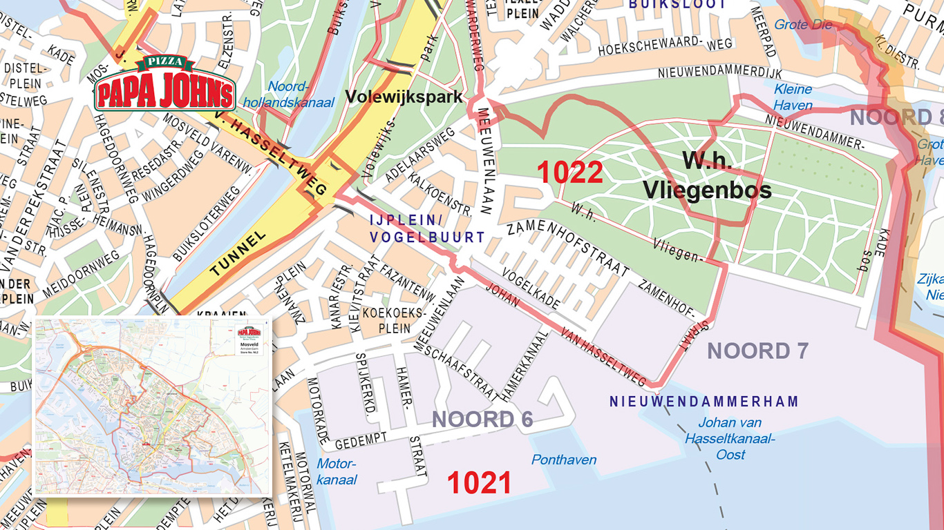 Bezorgkaart met postcodes voor Papa Johns Pizza. 