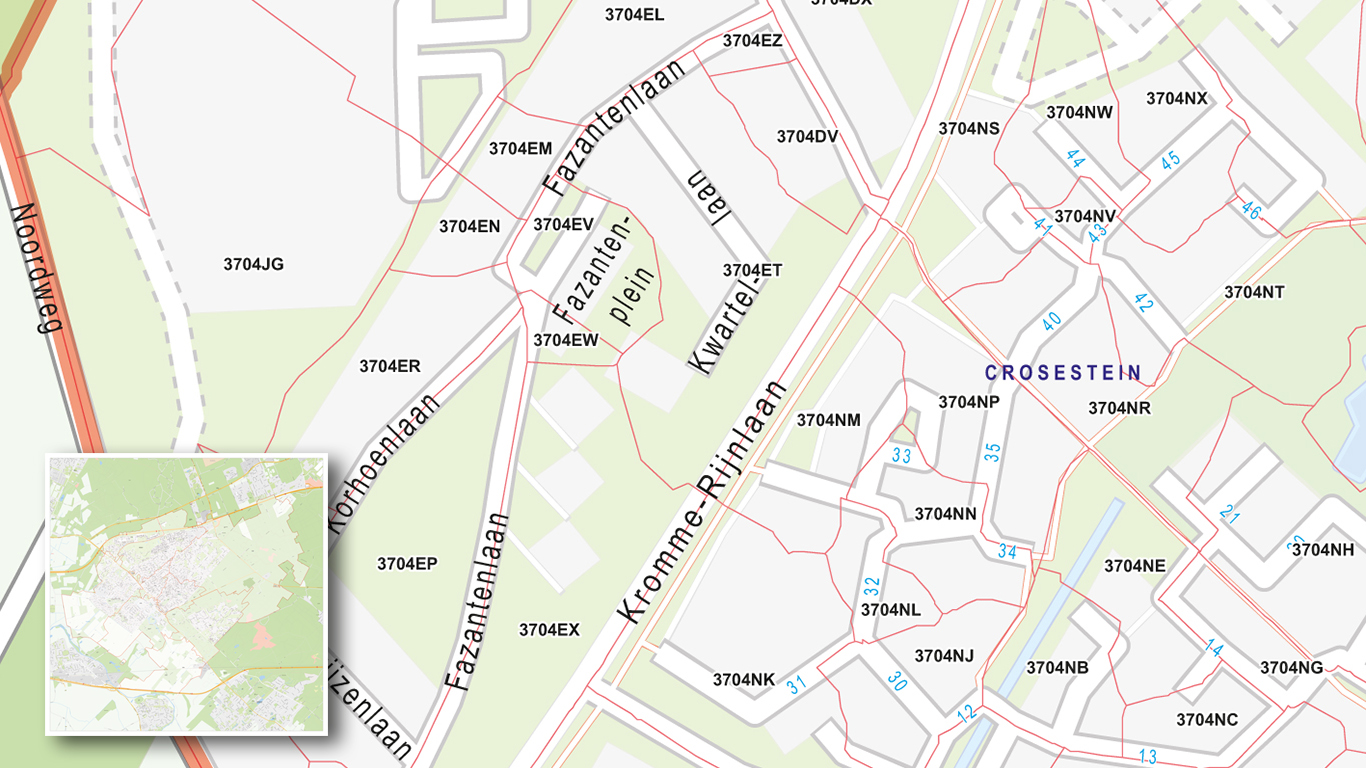 Stadsplattegrond met postcodes met 6 cijferige postcodes. 